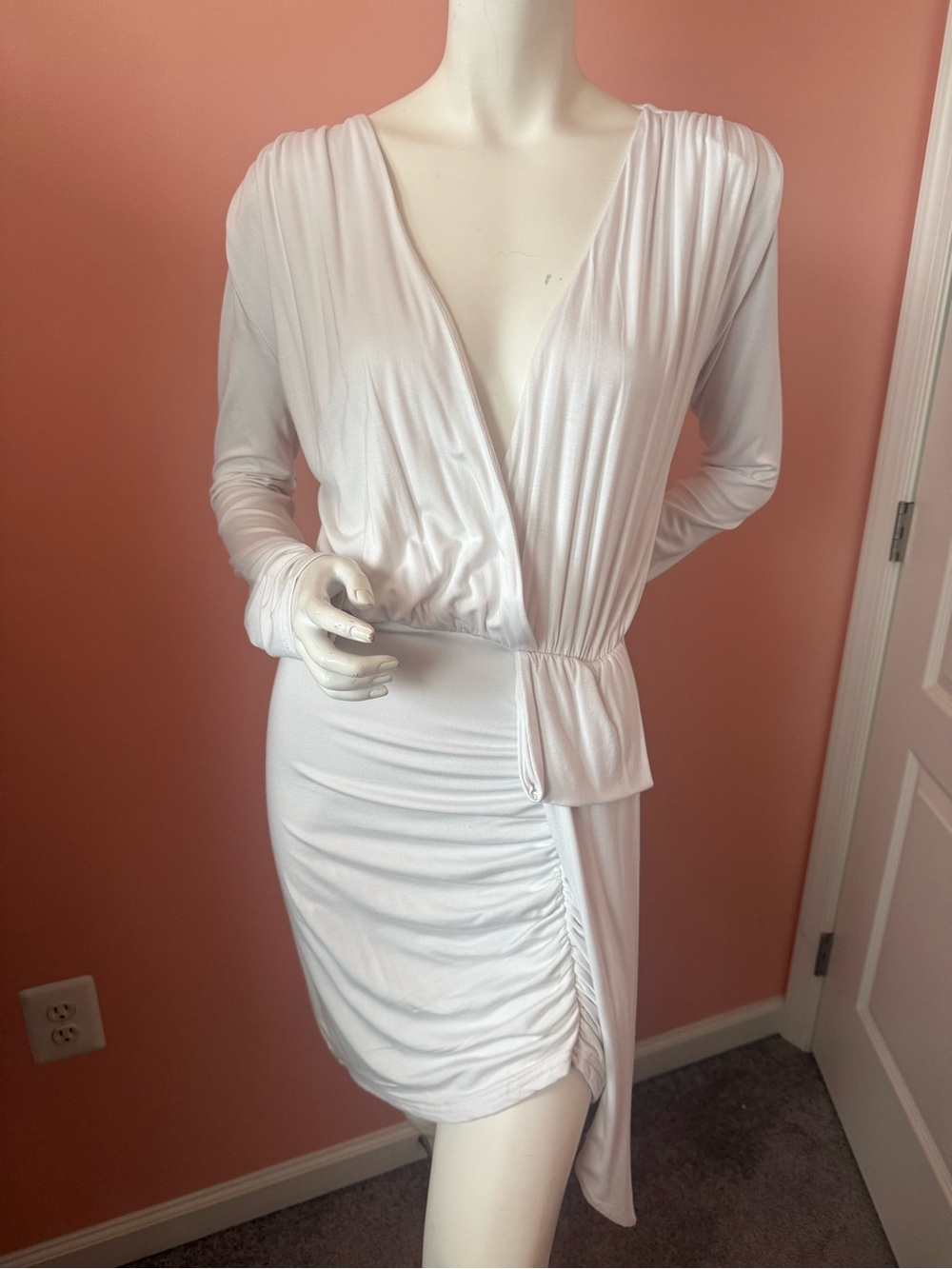 JLUXLABEL White Deep V Ruched Mini Dress